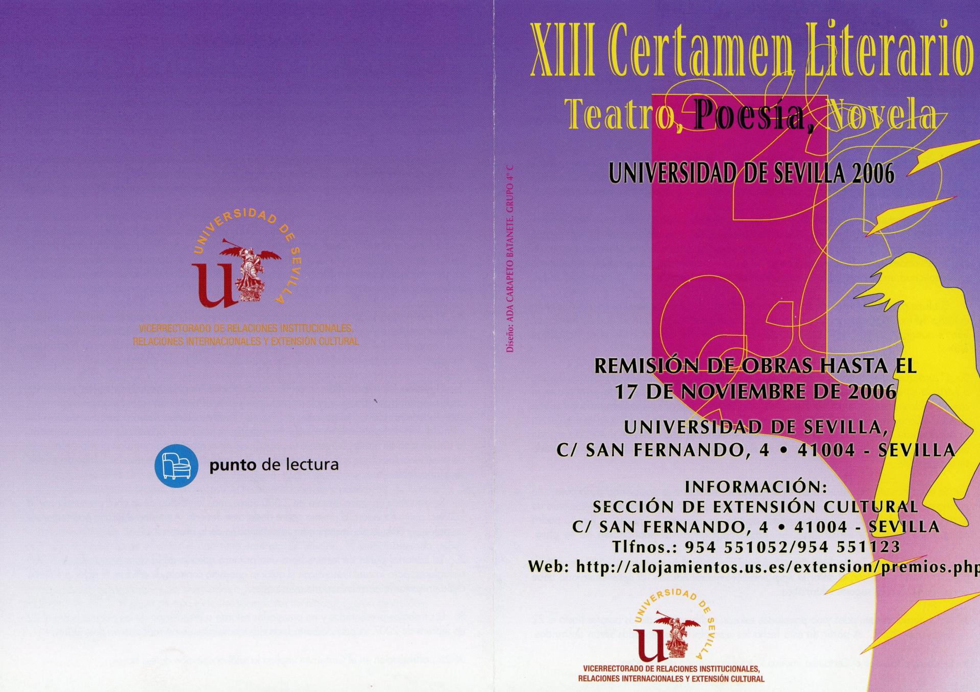 Folleto de XIII Certamen Literario (Teatro, Poesía, Novela). Universidad de Sevilla, 2006