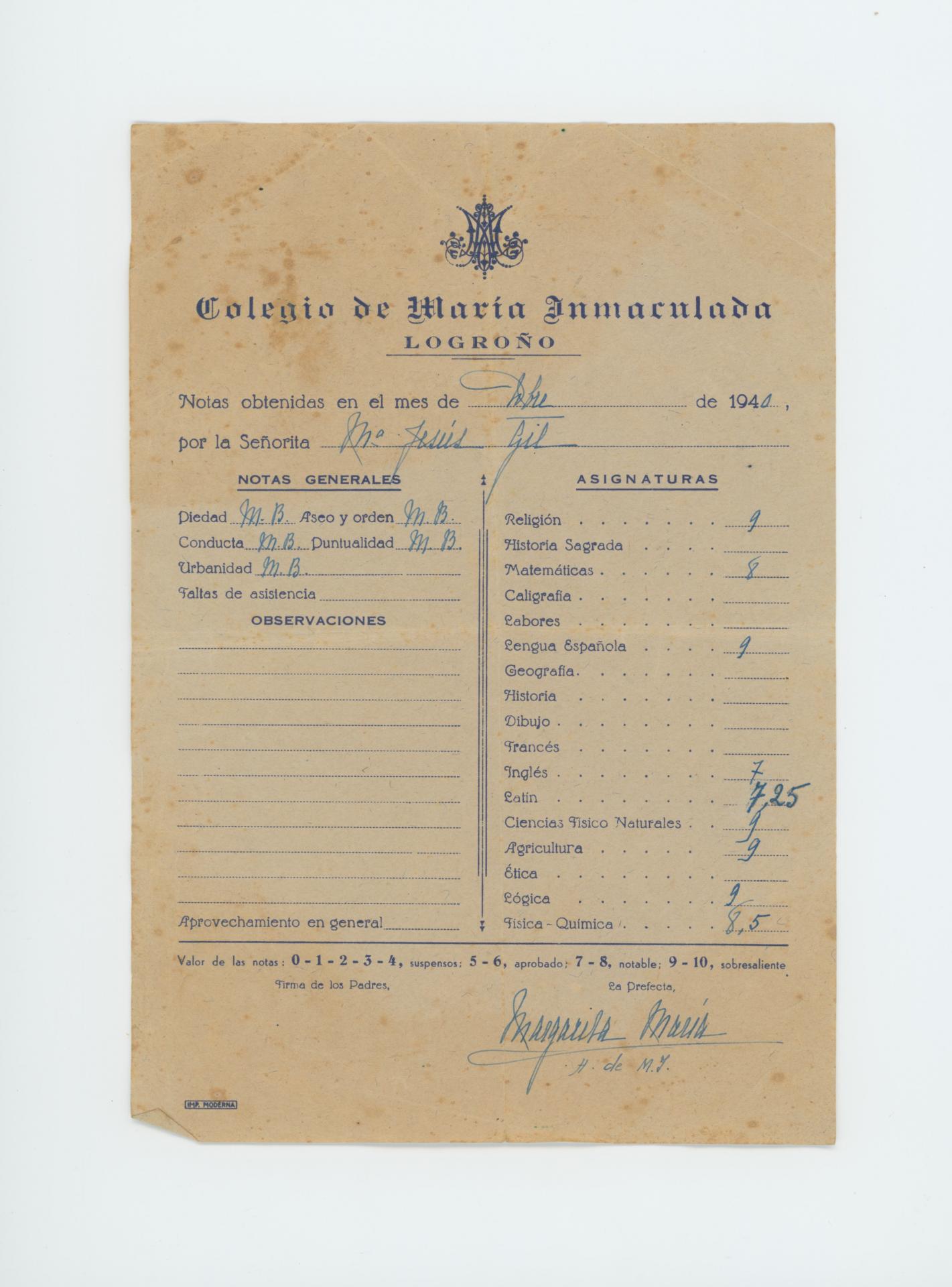 Calificaciones de doña Mª Jesús Gil (febrero 1940)